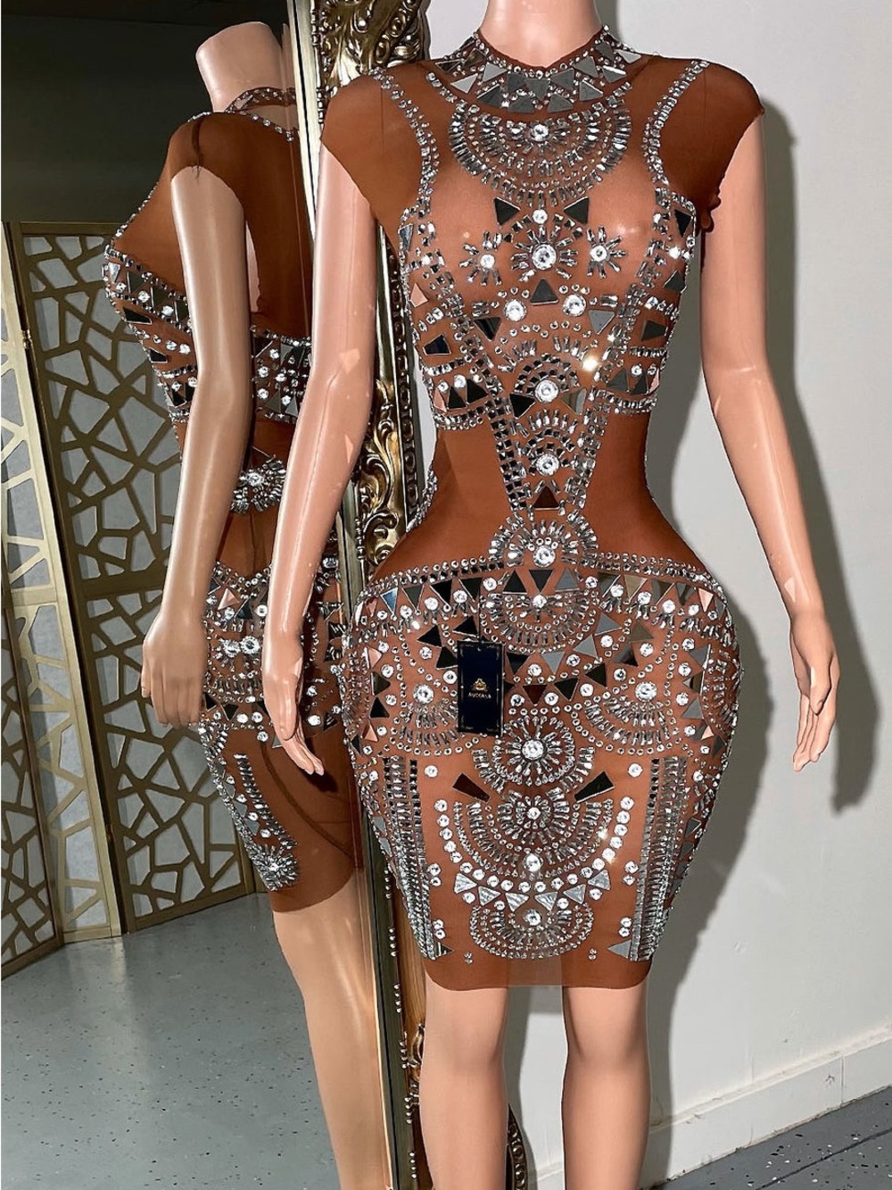 Embellished Brown Mini Dress with Silver Mirror Detailing